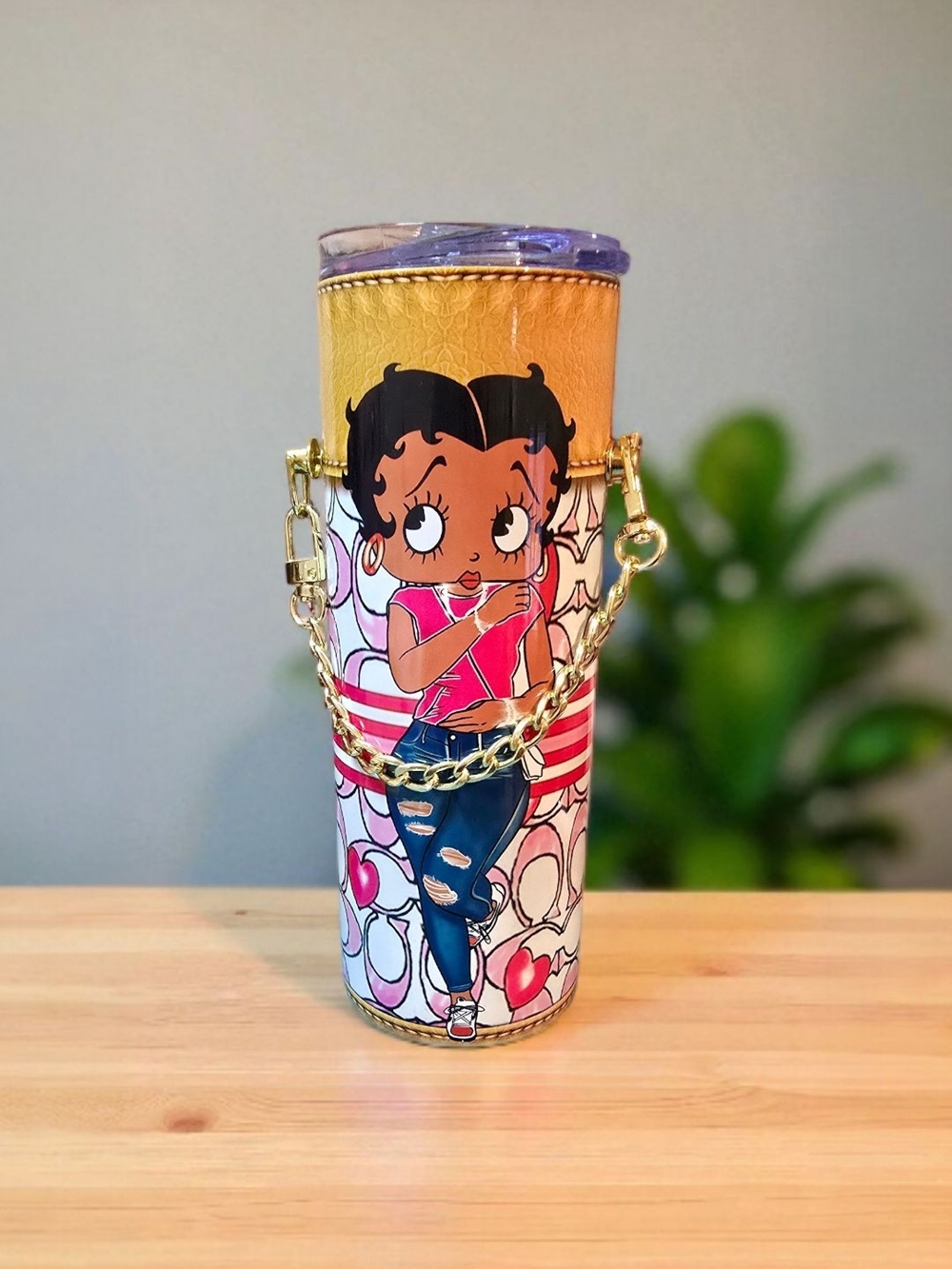 Betty Boop 20 Oz Tumbler - Pink, Blue & Gold With Gold Chain
